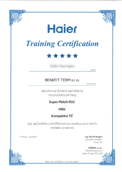 Haier certifikat  partner 2021 BenefitTerm s.r.o