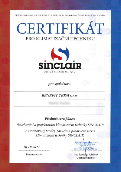 Certifikat Sinclair  partner 2021 BenefitTerm s.r.o